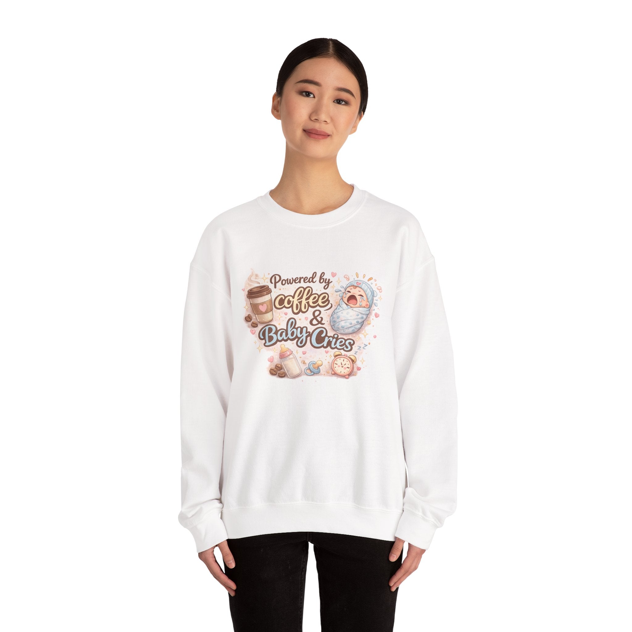 Crewneck Sweatshirt  "Powered by Coffee & Baby Cries"  New Parent Cozy Pullover