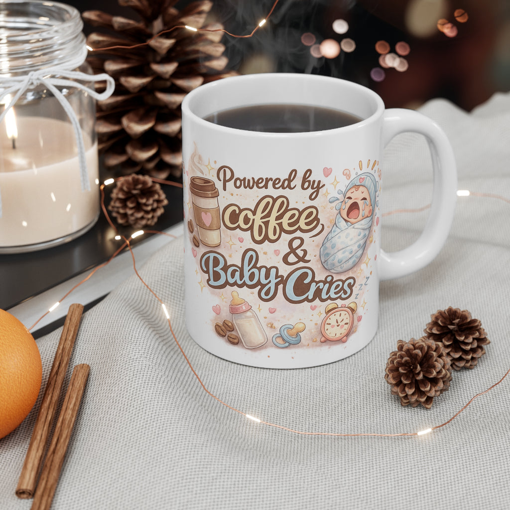 Mug 11oz " Powered by Coffee & Baby Cries"