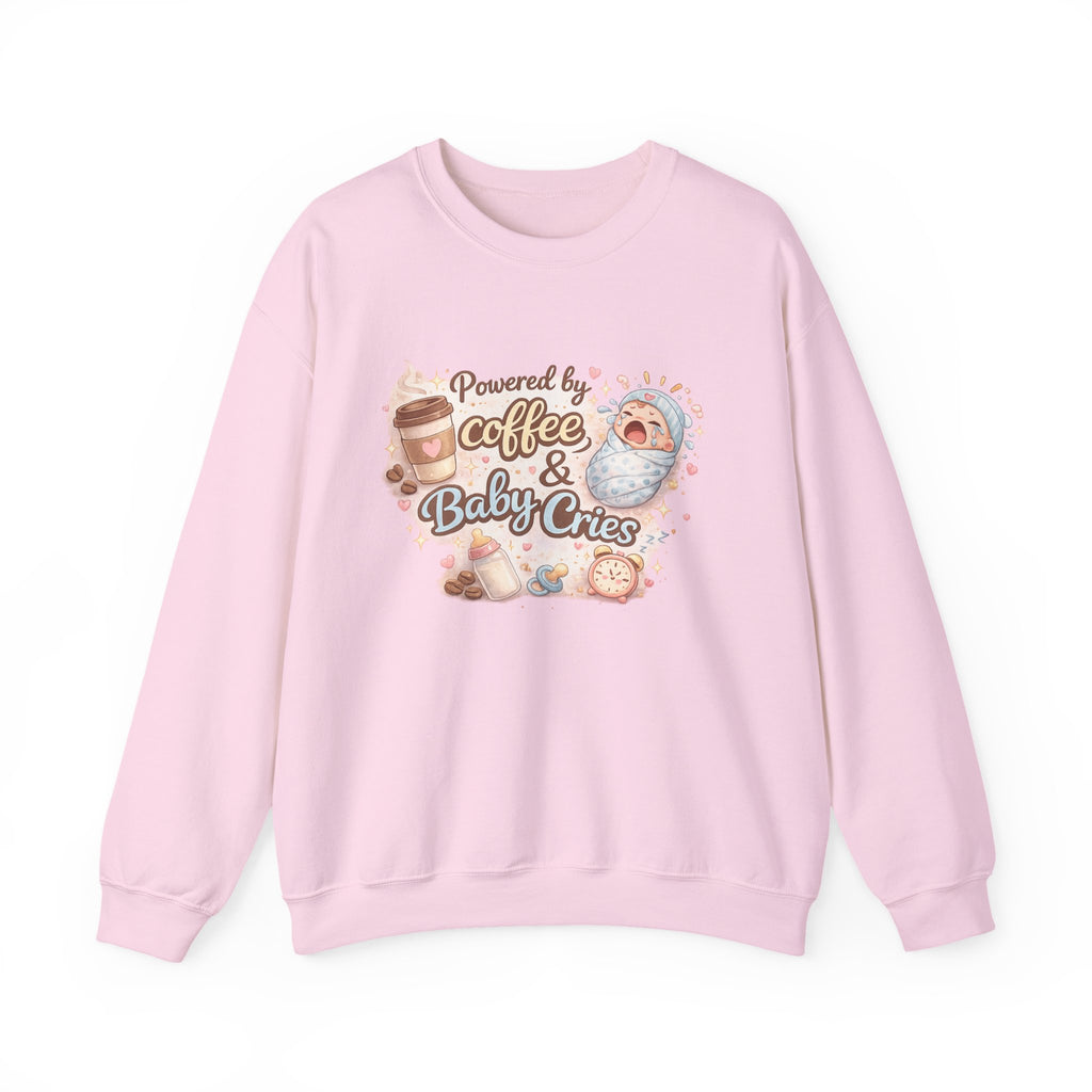 Crewneck Sweatshirt  "Powered by Coffee & Baby Cries"  New Parent Cozy Pullover