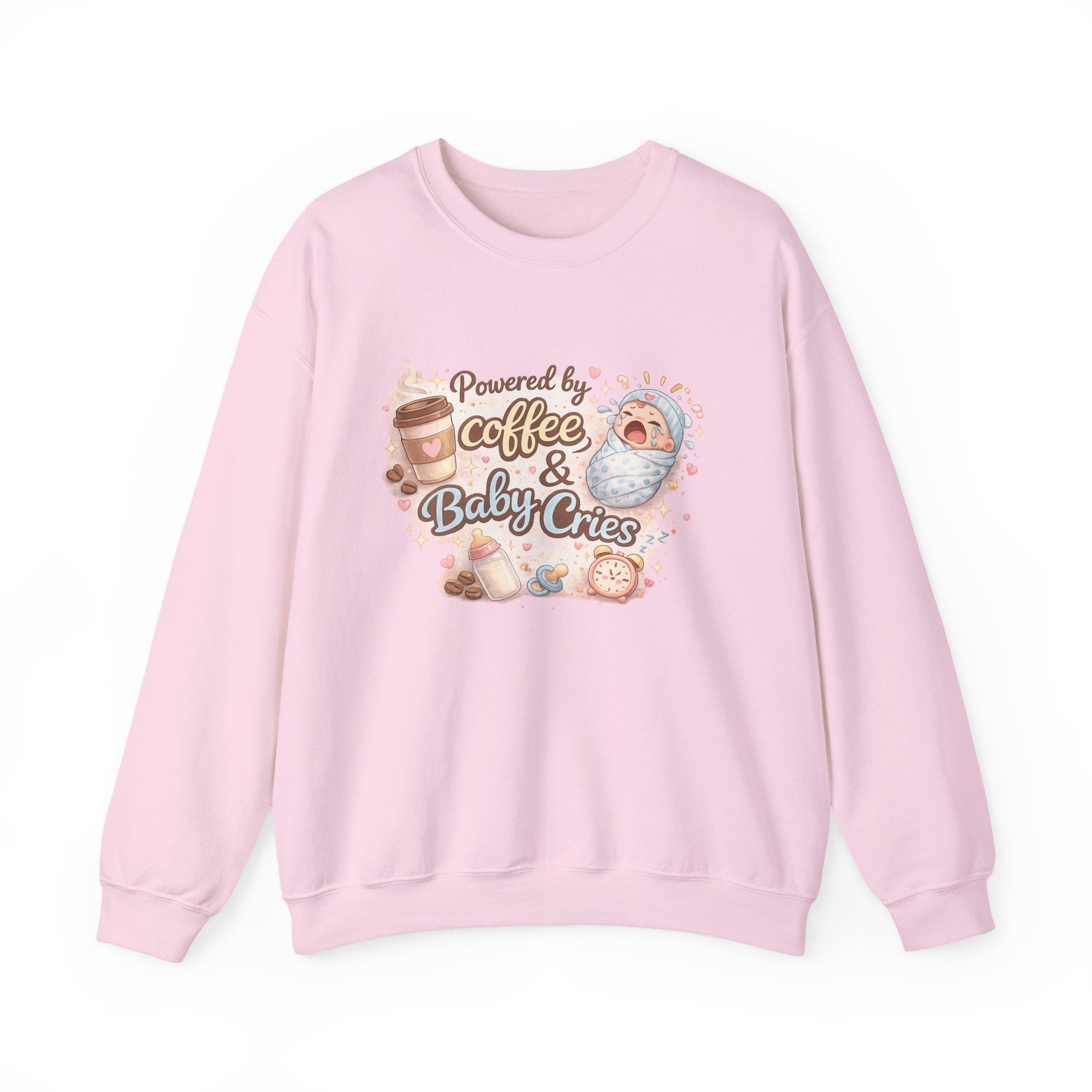 Crewneck Sweatshirt  "Powered by Coffee & Baby Cries"  New Parent Cozy Pullover