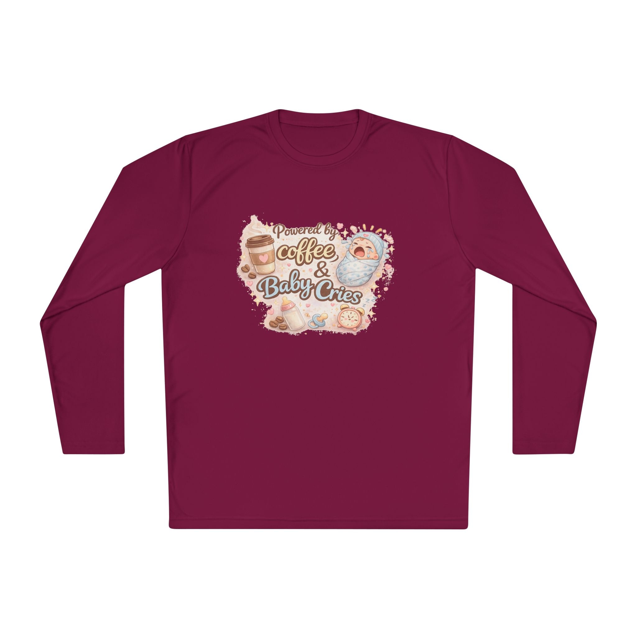 Lightweight long-sleeve " Powered by Coffee & Baby Cries "