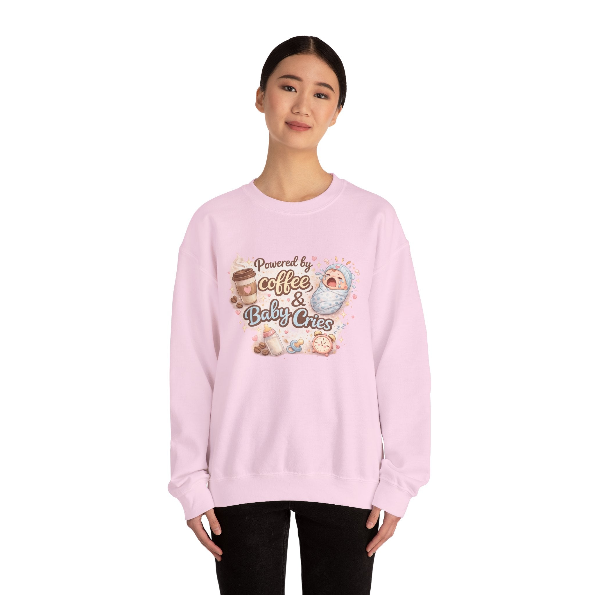 Crewneck Sweatshirt  "Powered by Coffee & Baby Cries"  New Parent Cozy Pullover