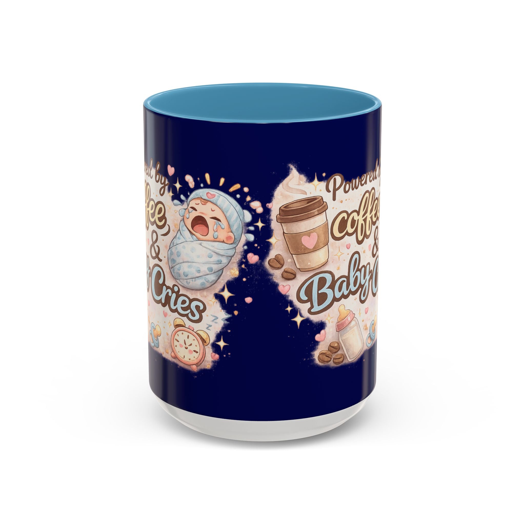 Accent Coffee Mug (11, 15oz) ""Powered by Coffee & Baby Cries""