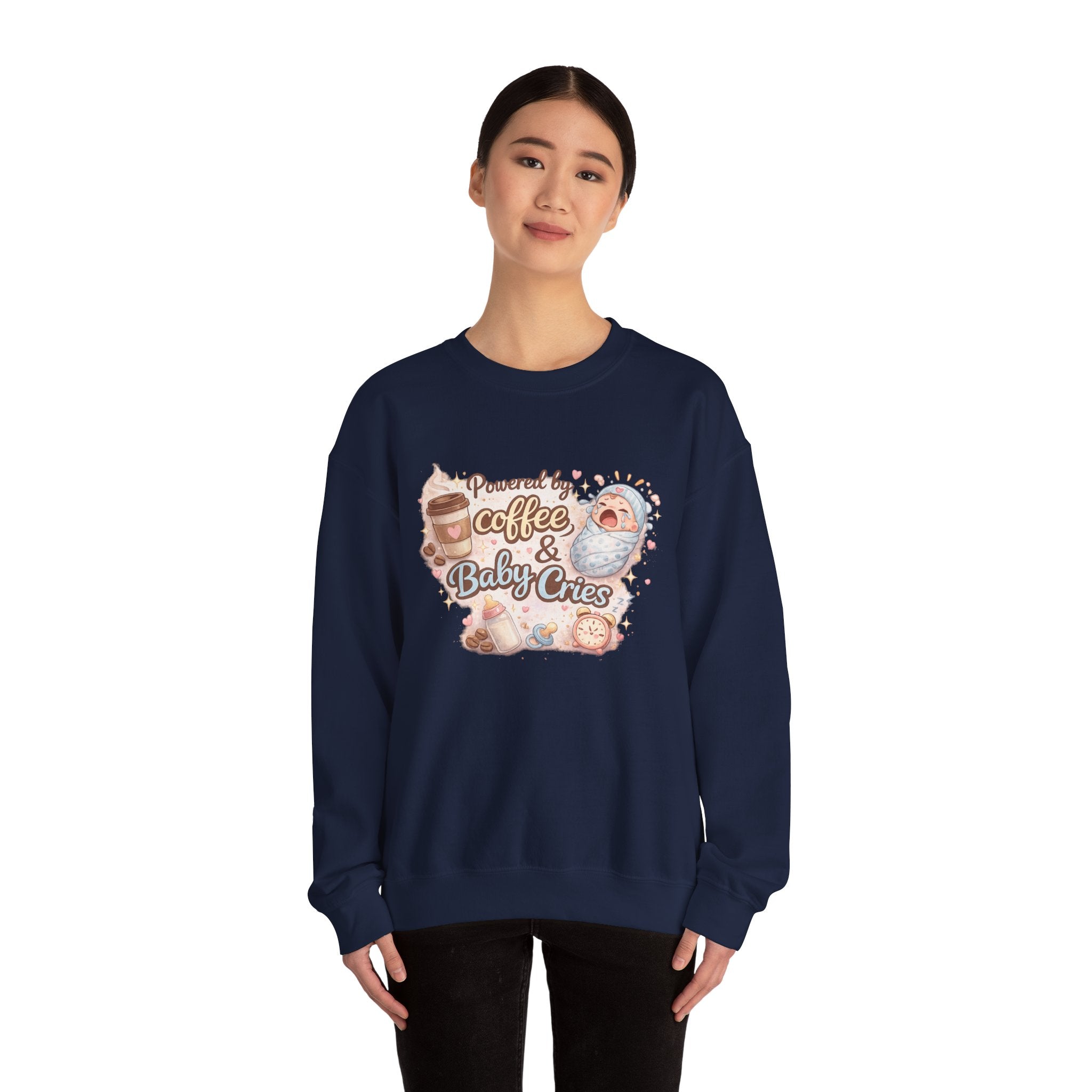 Crewneck Sweatshirt  "Powered by Coffee & Baby Cries"  New Parent Cozy Pullover