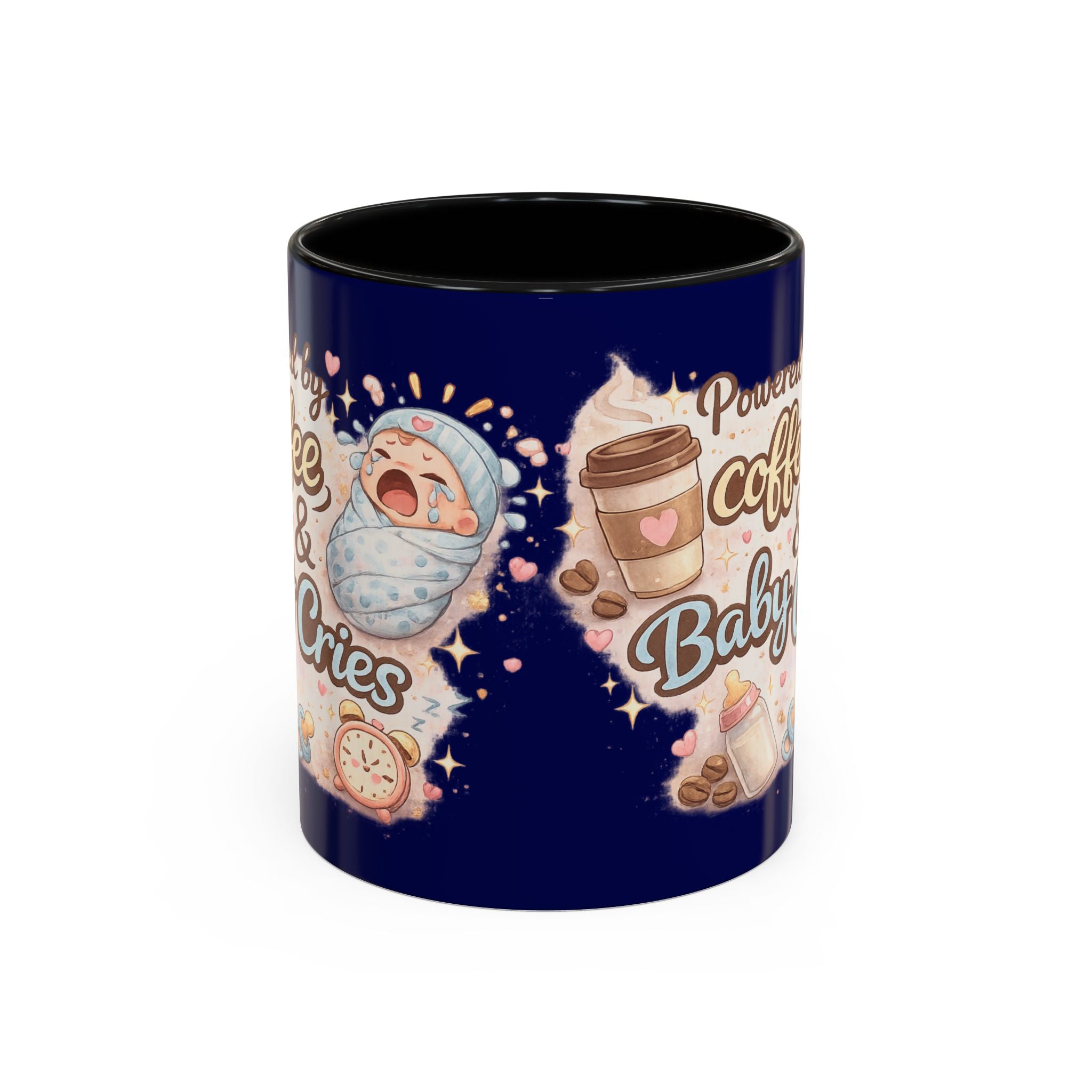 Accent Coffee Mug (11, 15oz) ""Powered by Coffee & Baby Cries""