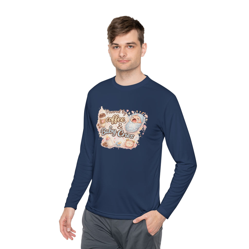 Lightweight long-sleeve " Powered by Coffee & Baby Cries "