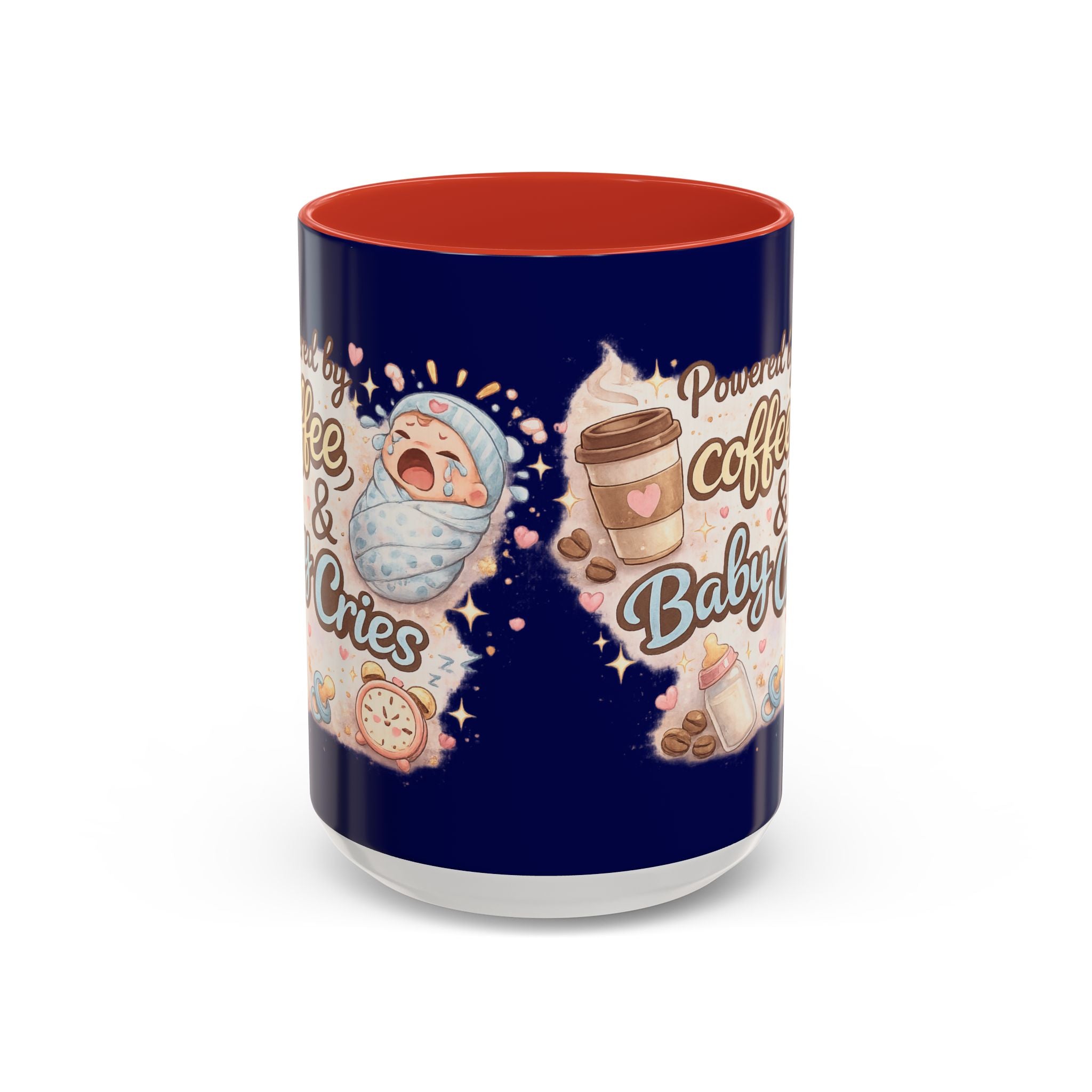 Accent Coffee Mug (11, 15oz) ""Powered by Coffee & Baby Cries""