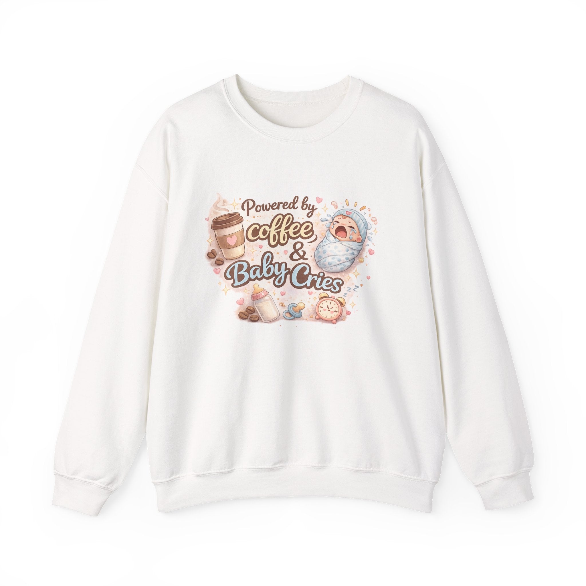 Crewneck Sweatshirt  "Powered by Coffee & Baby Cries"  New Parent Cozy Pullover