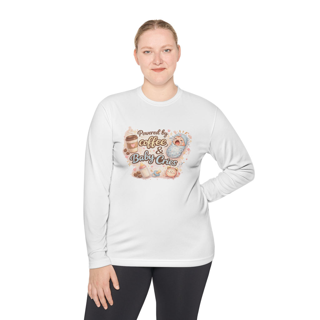 Lightweight long-sleeve " Powered by Coffee & Baby Cries "