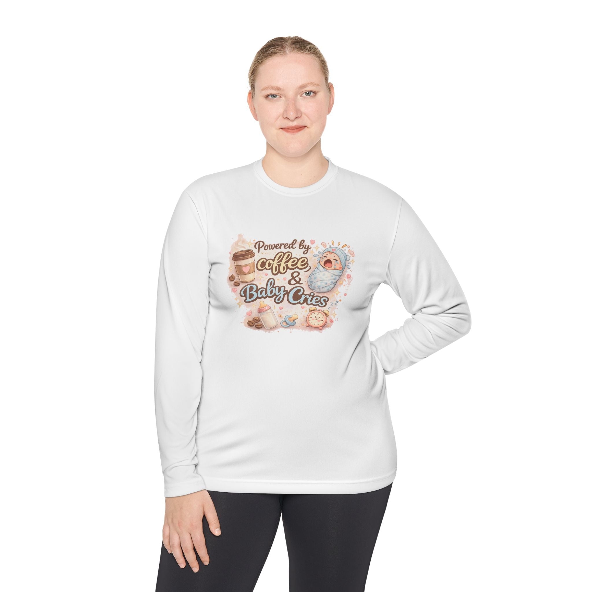 Lightweight long-sleeve " Powered by Coffee & Baby Cries "